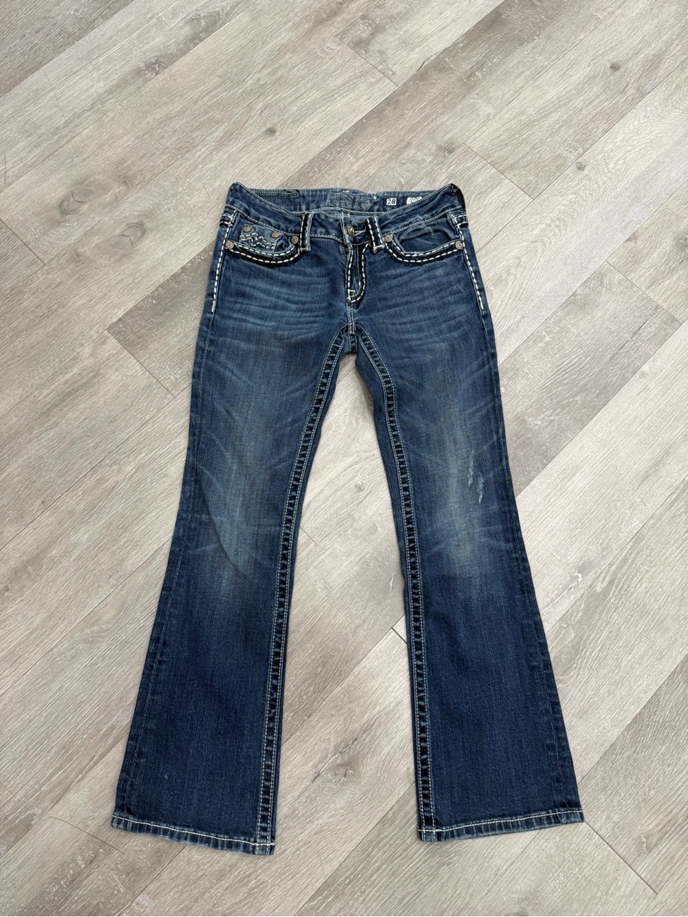 Miss Me Irene Boot Cut Denim Blue Jeans Flap Button Pockets Woman Size 28x27